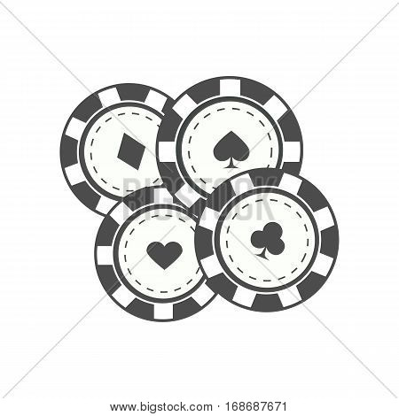 Gambling chips vector in monochrome, black color. Four casino chips with card suits. Illustration for gambling industry, sport lottery services, icons, web pages, logo design. Isolated on white