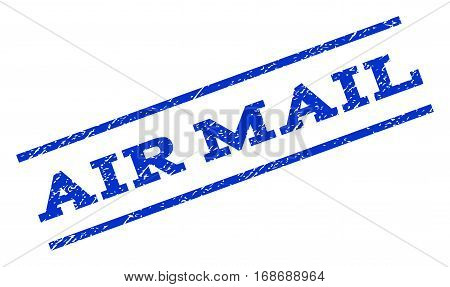Air Mail watermark stamp. Text tag between parallel lines with grunge design style. Rotated rubber seal stamp with scratched texture. Vector blue ink imprint on a white background.