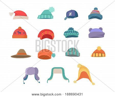 Set of hats for boys and girls in cold weather. Stylish hats. Clothes for winter and autumn. Blue, red, brown, violet, brown and orange hats. Vector illustration.