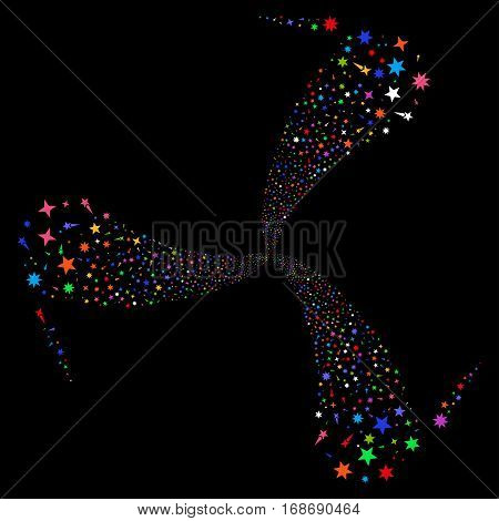 Confetti Stars fireworks swirl rotation. Vector illustration style is flat bright multicolored iconic symbols on a black background. Object whirl combined from random symbols.