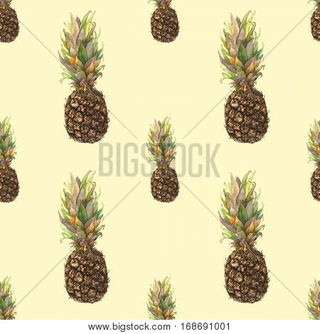 Pineapple ananas with colorful leaves on yellow background. Seamless watercolor pattern. Could be used for textile or in design