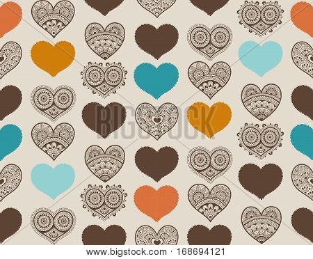 Valentine's seamless pattern with lace hearts. Mehndi style. You can use it for packaging design, textile design and scrapbooking.