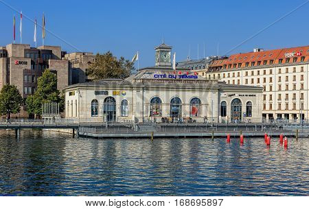 Geneva, Switzerland - 24 September, 2016: the La Cite du Temps building, view from the Pont des Bergues bridge. La Cite du Temps is a public exhibition center focusing on the world of time, hosting a wide variety of different exhibitions.