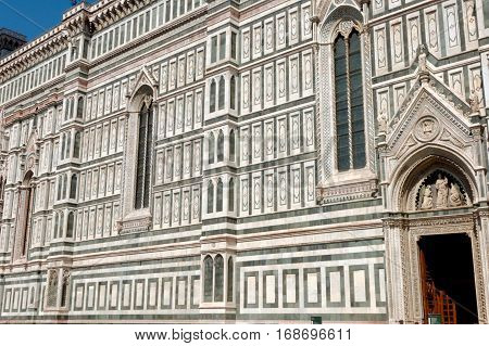 Detail of the facade of the Basilica di Santa Maria del Fiore in Firenze Italy. The Historic Center of Florence is in the UNESCO World Heritage List.