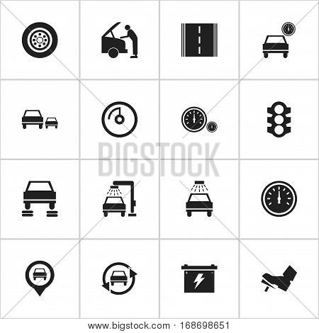 Set Of 16 Editable Traffic Icons. Includes Symbols Such As Car Lave, Tire, Battery And More. Can Be Used For Web, Mobile, UI And Infographic Design.