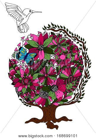 Colibri. Flowers. Nature. Vector illustration. Doodle drawing. Meditative exercise. Coloring book anti stress for adults. Colored vector