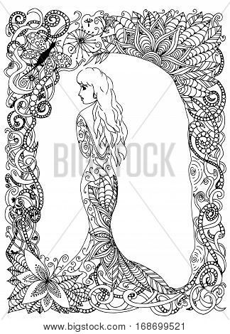 beautyful girl, princess, long dress, Vector illustration. Doodle drawing. Meditative exercise. Coloring book anti stress for adults. Black and white.