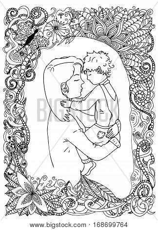 Mother and son in photo frame. floral frame. Vector zentangle.