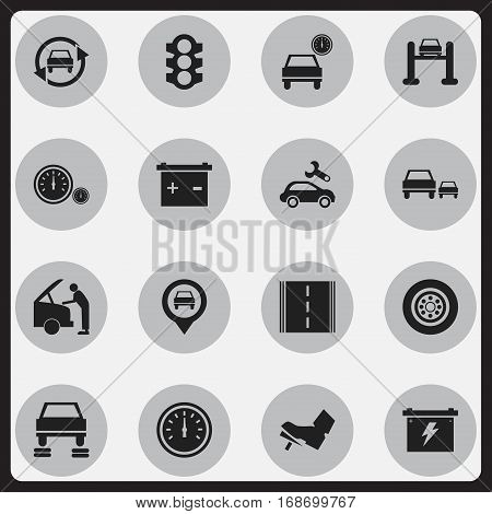 Set Of 16 Editable Transport Icons. Includes Symbols Such As Race, Speedometer, Accumulator And More. Can Be Used For Web, Mobile, UI And Infographic Design.