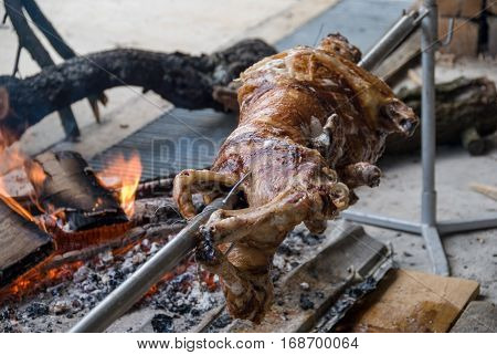 Lamb on a spit oasting on the fire