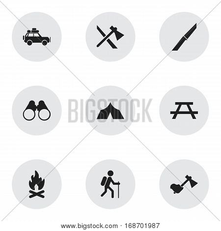 Set Of 9 Editable Camping Icons. Includes Symbols Such As Desk, Tomahawk, Voyage Car And More. Can Be Used For Web, Mobile, UI And Infographic Design.