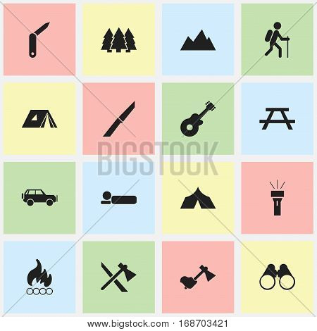 Set Of 16 Editable Travel Icons. Includes Symbols Such As Lantern, Sport Vehicle, Tomahawk And More. Can Be Used For Web, Mobile, UI And Infographic Design.