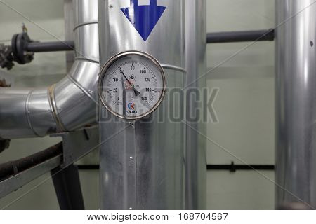 ST. PETERSBURG, RUSSIA - DECEMBER 16, 2016: Thermometer at the outgoing water in one of the central heating points. There is 219 central heating points in the city, 60 of which is automated