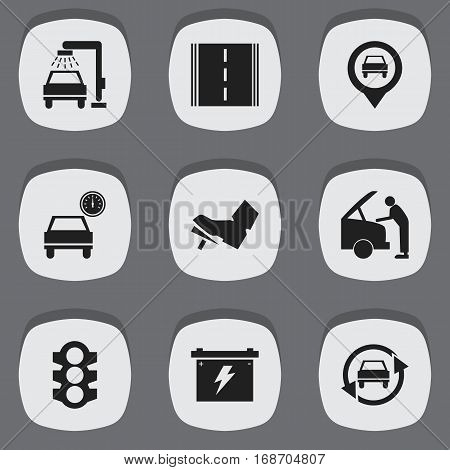 Set Of 9 Editable Car Icons. Includes Symbols Such As Automobile, Treadle, Battery And More. Can Be Used For Web, Mobile, UI And Infographic Design.