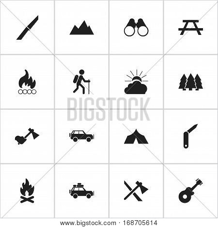Set Of 16 Editable Trip Icons. Includes Symbols Such As Peak, Pine, Ax And More. Can Be Used For Web, Mobile, UI And Infographic Design.