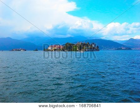 Landscape view with Isola Bella Island on Maggiore lake alps Stresa Italy