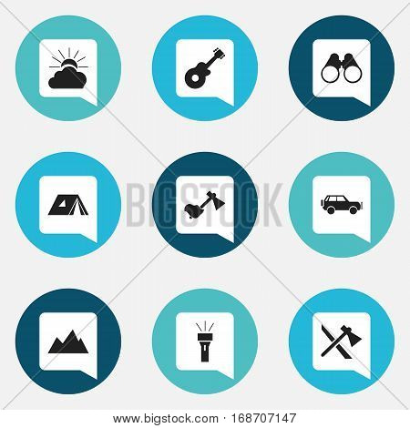Set Of 9 Editable Trip Icons. Includes Symbols Such As Peak, Field Glasses, Lantern And More. Can Be Used For Web, Mobile, UI And Infographic Design.