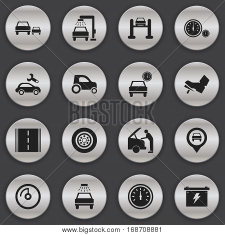Set Of 16 Editable Traffic Icons. Includes Symbols Such As Battery, Pointer, Speed Display And More. Can Be Used For Web, Mobile, UI And Infographic Design.