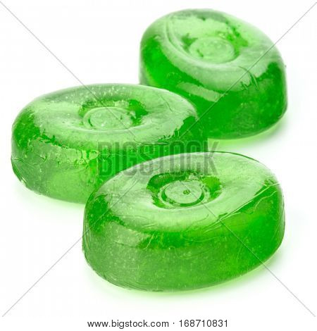 Three colorful fruit hard sugar candies,  boiled sweeties or sugar plums isolated on white background cutout.