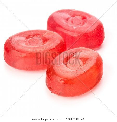 Three colorful fruit hard sugar candies,  boiled sweeties or sugar plums isolated on white background cutout.
