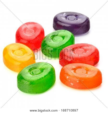 colorful fruit hard sugar candies,  boiled sweeties or sugar plums isolated on white background cutout.