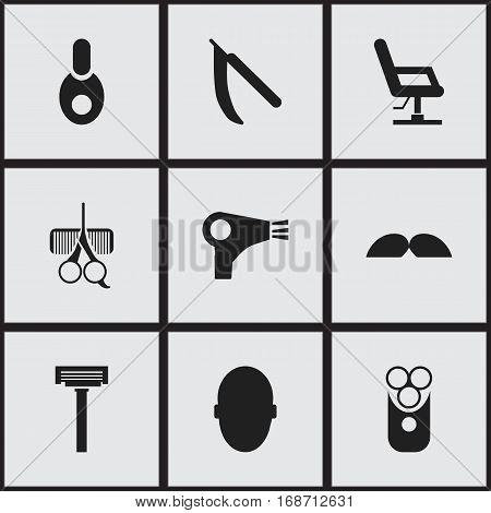 Set Of 9 Editable Barbershop Icons. Includes Symbols Such As Blade, Shaver, Whiskers And More. Can Be Used For Web, Mobile, UI And Infographic Design.