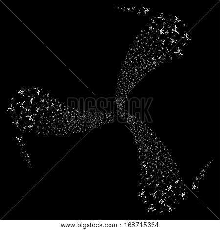 Big Bang fireworks swirl rotation. Vector illustration style is flat white iconic symbols on a black background. Object whirl organized from random icons.