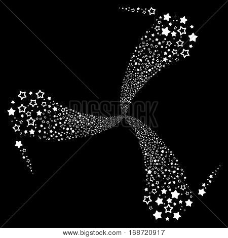 Decoration Stars fireworks swirl rotation. Vector illustration style is flat white iconic symbols on a black background. Object whirl constructed from random design elements.