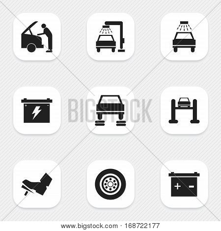 Set Of 9 Editable Vehicle Icons. Includes Symbols Such As Battery, Auto Service, Car Lave And More. Can Be Used For Web, Mobile, UI And Infographic Design.