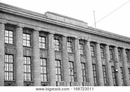The former building of the German Embassy built in 1911-1913 under the project of Peter Behrens in St.Petersburg Russia. Black and white.