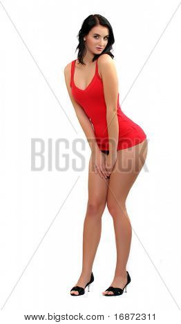 Pin up fotografia stile. Bella ragazza vestita in camicia rossa sexy. Grande per il calendario e San Valentino
