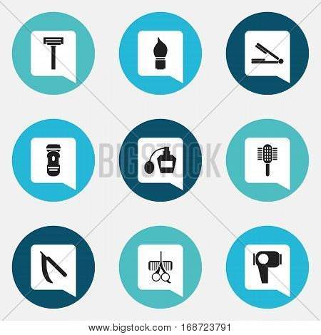 Set Of 9 Editable Barber Icons. Includes Symbols Such As Take The Hair Dryer, Charger, Hair Drier And More. Can Be Used For Web, Mobile, UI And Infographic Design.