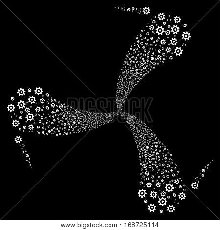 Gear fireworks swirl rotation. Vector illustration style is flat white iconic symbols on a black background. Object whirl made from random icons.