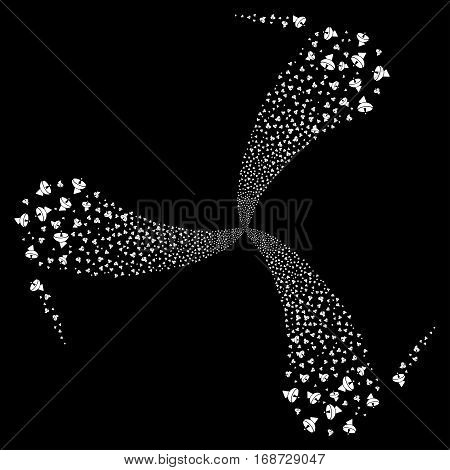 Radio Telescope fireworks swirl rotation. Vector illustration style is flat white iconic symbols on a black background. Object whirlpool created from random design elements.