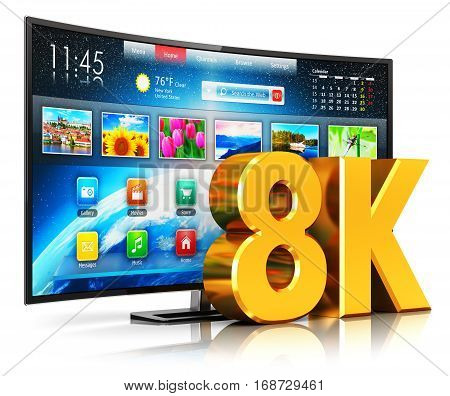 Creative abstract ultra high definition digital television screen technology concept: 3D render illustration of 8K UltraHD resolution internet web curved smart TV cinema or computer PC monitor display isolated on white background with reflection effect