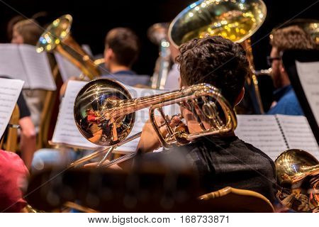Close view on the classic instrument trombone
