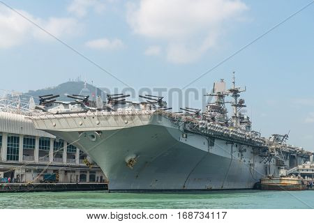 HONG KONG, CHINA - Sept 18:The U.S. amphibious assault ship USS Bonhomme Richard pulled in Hong Kong waters on Sept 18,2013 to get replenishment.Commissioned in 1998, the 40,500-ton vessel.