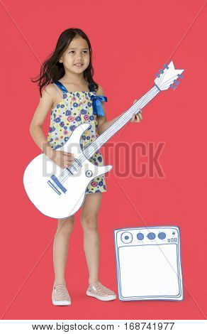 Little Girl Playing Papercraft Guitar