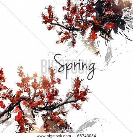 Abstract background with watercolor painted cherry tree branches in Chinese style