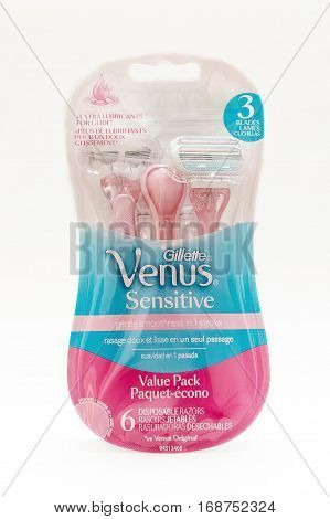 New York January 25 2017: A pack of Gillette Venus Sensitive shaving blades isolated on white background.