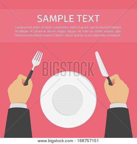 Restaurant and Food theme. Empty plate and hands holding knife and fork on the red background. Sitting at a table in front of an empty plate, template. Top view. Vector illustration flat style.