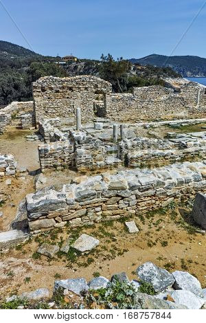 Columns in Ruins of ancient church in Archaeological site of Aliki, Thassos island,  East Macedonia and Thrace, Greece
