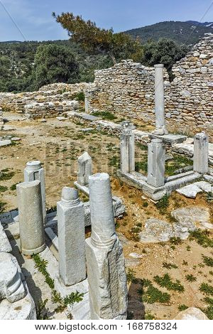 Columns in Ruins of ancient church in Archaeological site of Aliki, Thassos island,  East Macedonia and Thrace, Greece