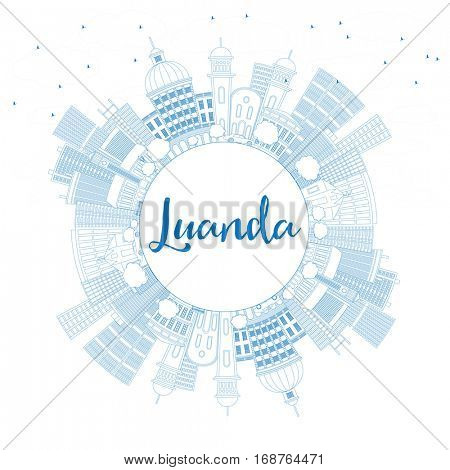 Outline Luanda Skyline with Blue Buildings and Copy Space. Business Travel and Tourism Concept with Modern Architecture. Image for Presentation Banner Placard and Web Site.