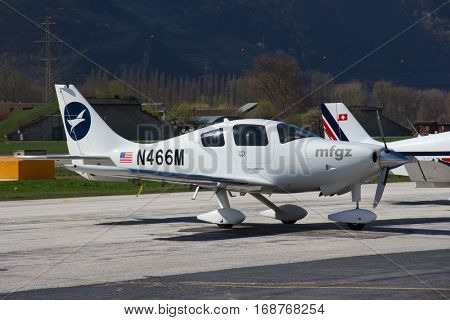 SION, SWITZERLAND - March 30: Columbia-400 preparing for departure on March 30, 2012 in Sion, Switzerland. Sion is one of the airports serving business and sport personal aircrafts.