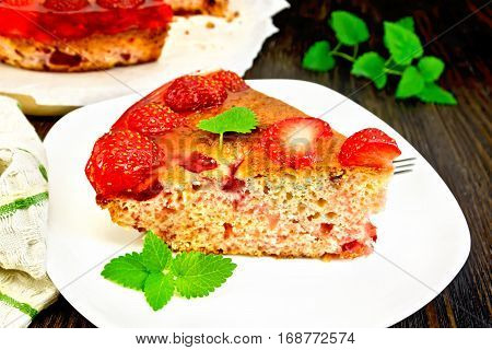Pie Strawberry With Jelly In Plate On Dark Board