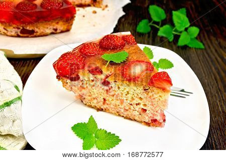 Pie Strawberry With Jelly In White Plate On Board