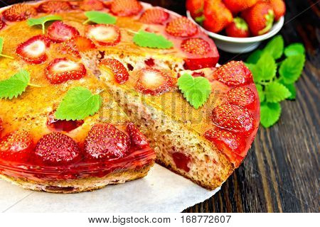 Pie Strawberry With Jelly On Dark Board
