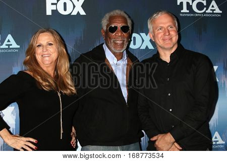 LOS ANGELES - JAN 11:  Lori McCreary, Morgan Freeman, James Younger at the FOX TV TCA Winter 2017 All-Star Party at Langham Hotel on January 11, 2017 in Pasadena, CA
