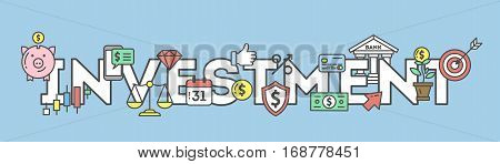 Investment icons set on white background. Colorful creative icons as piggy bank, arrows, gear, money and rocket. All icons in a heap.
